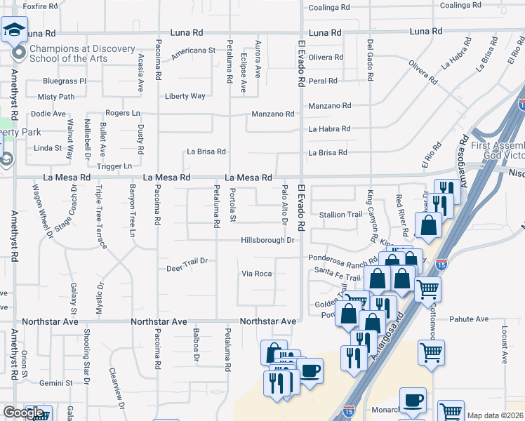 map of restaurants, bars, coffee shops, grocery stores, and more near 14389 Las Flores Drive in Victorville