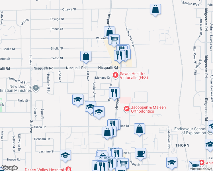 map of restaurants, bars, coffee shops, grocery stores, and more near 17025 Tivolli Lane in Victorville