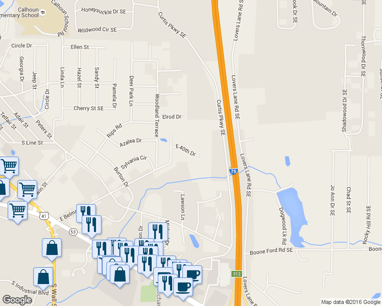 map of restaurants, bars, coffee shops, grocery stores, and more near 107 East 40th Drive in Calhoun