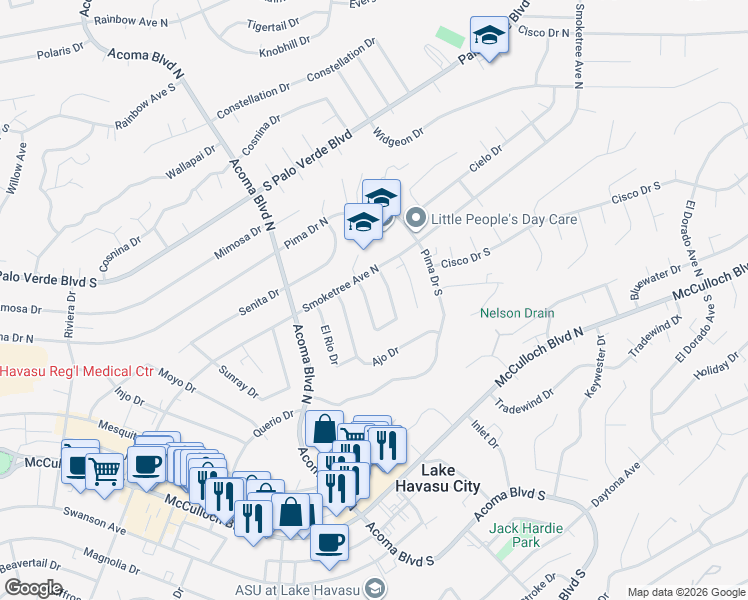 map of restaurants, bars, coffee shops, grocery stores, and more near in Lake Havasu City