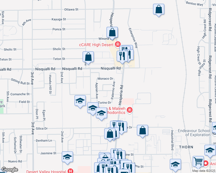 map of restaurants, bars, coffee shops, grocery stores, and more near 17017 Tivolli Lane in Victorville