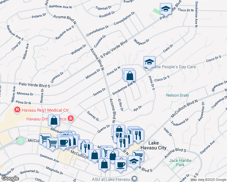 map of restaurants, bars, coffee shops, grocery stores, and more near 2239 Smoketree Avenue North in Lake Havasu City