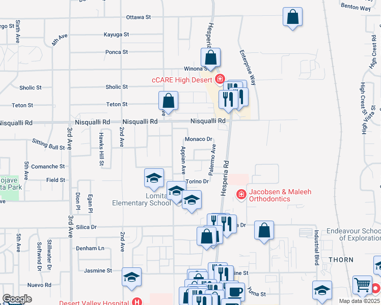 map of restaurants, bars, coffee shops, grocery stores, and more near 12780 Avanti Way in Victorville