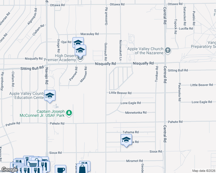map of restaurants, bars, coffee shops, grocery stores, and more near Quinnault Road in Apple Valley