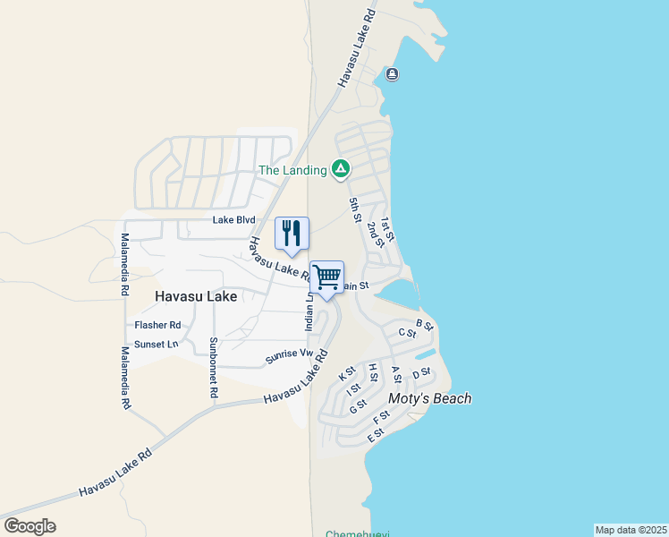 map of restaurants, bars, coffee shops, grocery stores, and more near 2 Havasu Lake Road in Needles