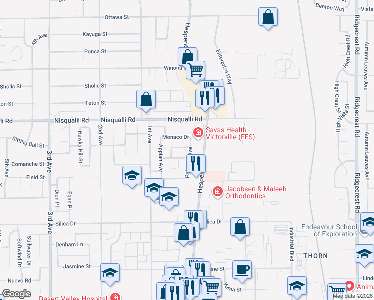 map of restaurants, bars, coffee shops, grocery stores, and more near 12784 Palermo Avenue in Victorville