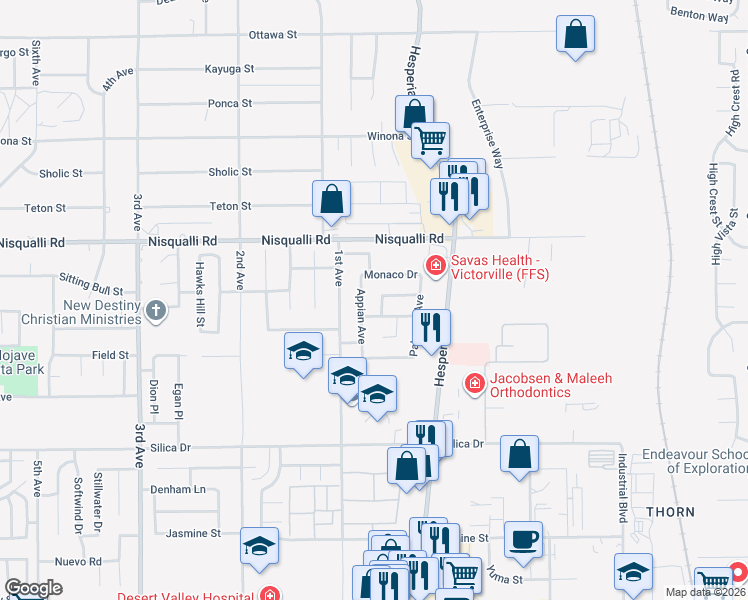 map of restaurants, bars, coffee shops, grocery stores, and more near 12780 Avanti Way in Victorville
