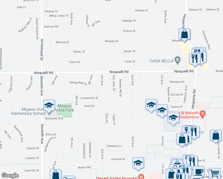 map of restaurants, bars, coffee shops, grocery stores, and more near 16546 San Juan Place in Victorville