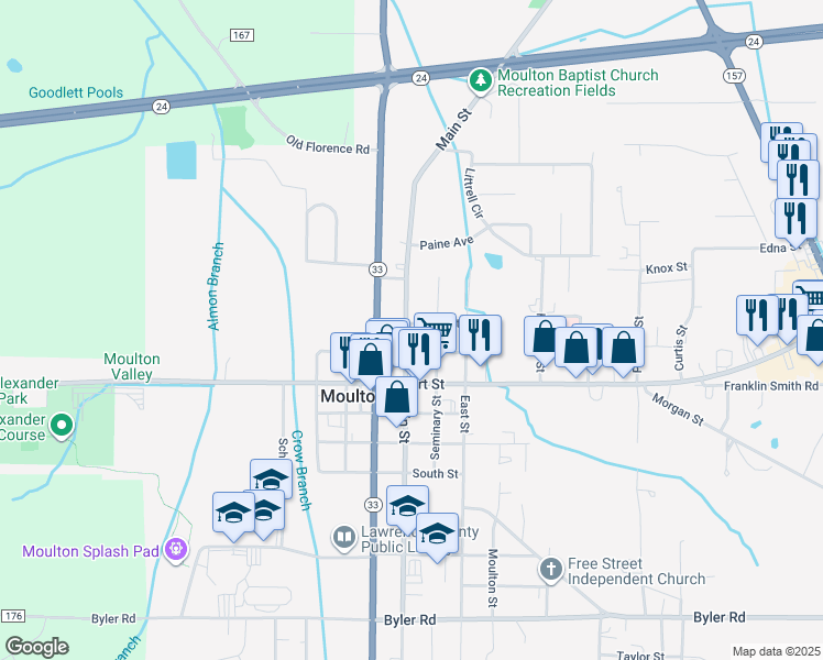 map of restaurants, bars, coffee shops, grocery stores, and more near 900 Main Street in Moulton