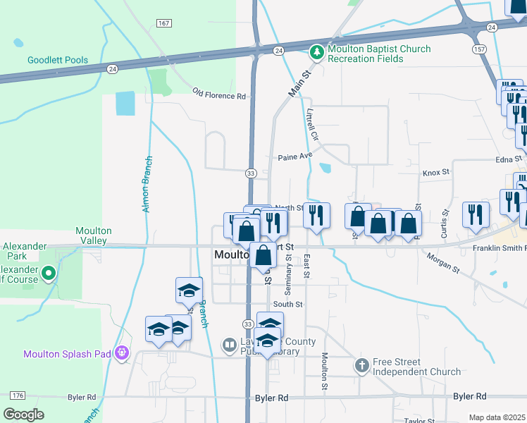 map of restaurants, bars, coffee shops, grocery stores, and more near 900 Main Street in Moulton