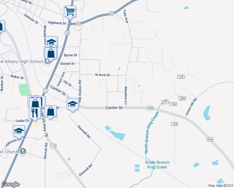 map of restaurants, bars, coffee shops, grocery stores, and more near 1000-1008 Mayberry Street in New Albany