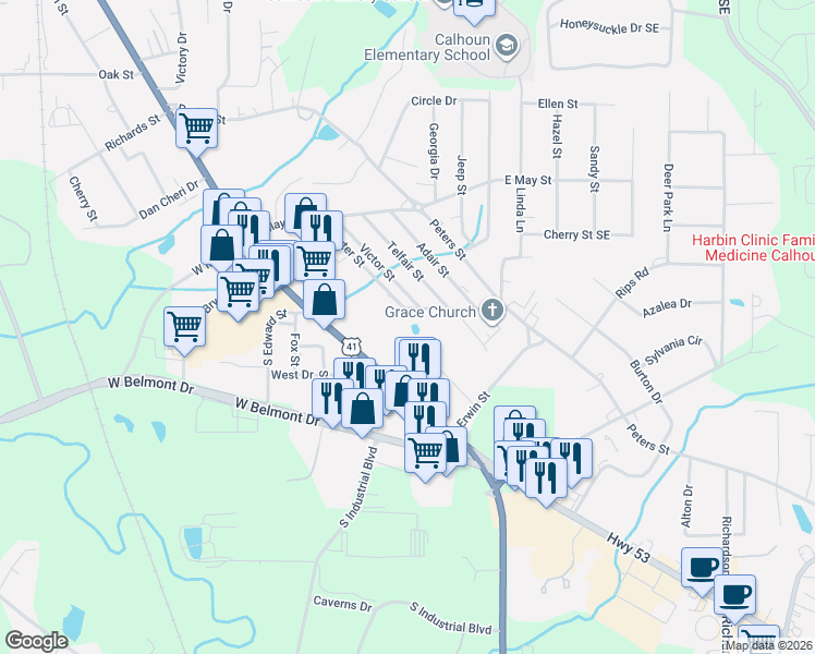 map of restaurants, bars, coffee shops, grocery stores, and more near 200 South Line Street in Calhoun