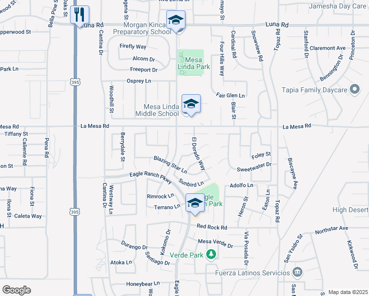 map of restaurants, bars, coffee shops, grocery stores, and more near 12531 El Dorado Court in Victorville