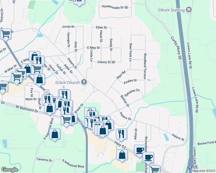 map of restaurants, bars, coffee shops, grocery stores, and more near 104 Rips Road in Calhoun