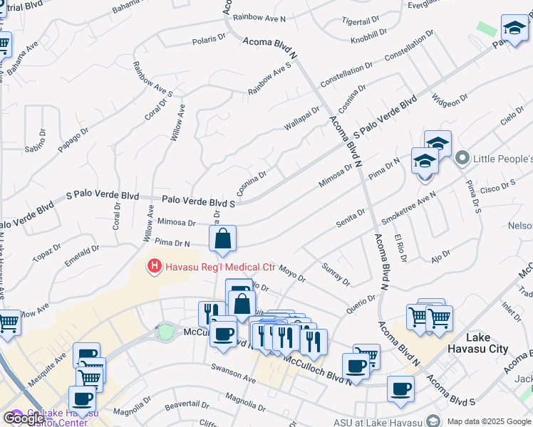 map of restaurants, bars, coffee shops, grocery stores, and more near 2065 Mimosa Drive in Lake Havasu City