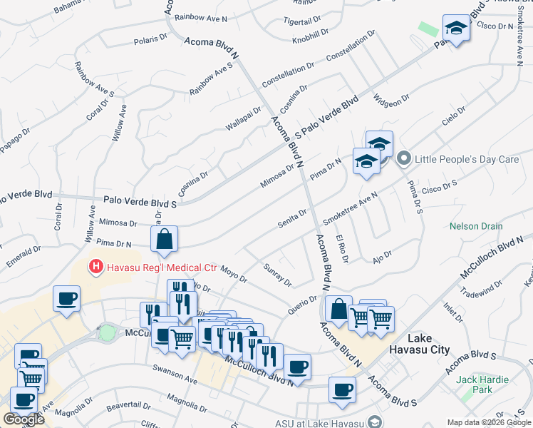 map of restaurants, bars, coffee shops, grocery stores, and more near 2154 Pima Drive North in Lake Havasu City