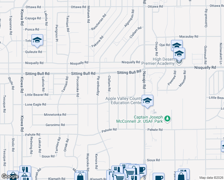 map of restaurants, bars, coffee shops, grocery stores, and more near 12761 Clallam Road in Apple Valley
