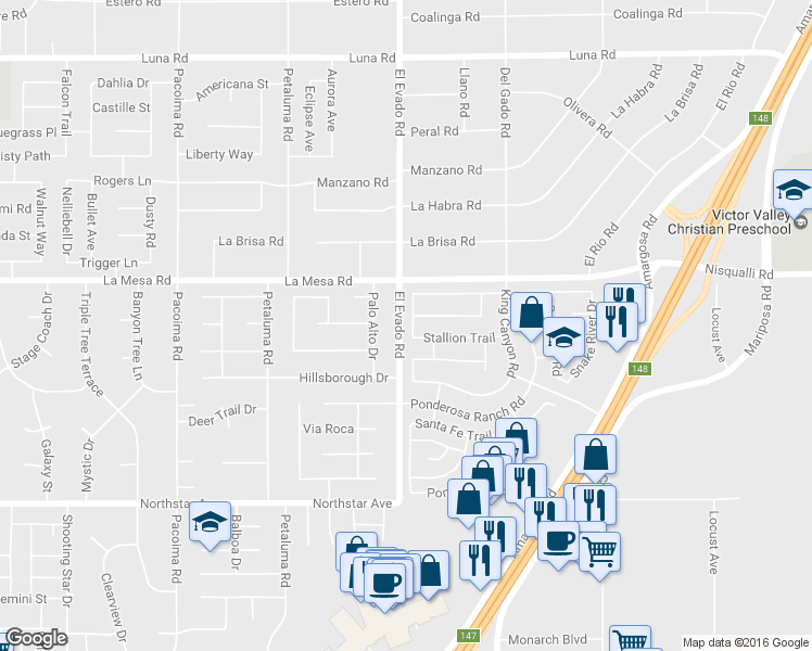 map of restaurants, bars, coffee shops, grocery stores, and more near 12820 Kern River Road in Victorville