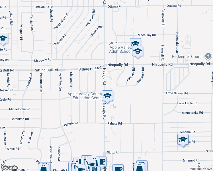 map of restaurants, bars, coffee shops, grocery stores, and more near 3 Navajo Road in Apple Valley