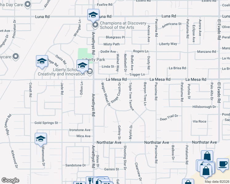map of restaurants, bars, coffee shops, grocery stores, and more near 13841 Stage Coach Lane in Victorville