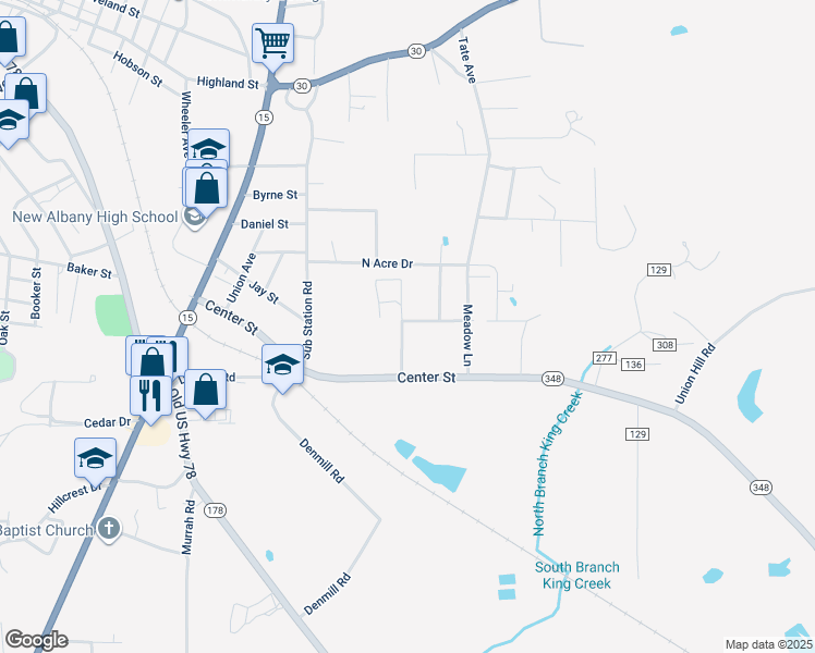 map of restaurants, bars, coffee shops, grocery stores, and more near 1000 Mayberry Street in New Albany