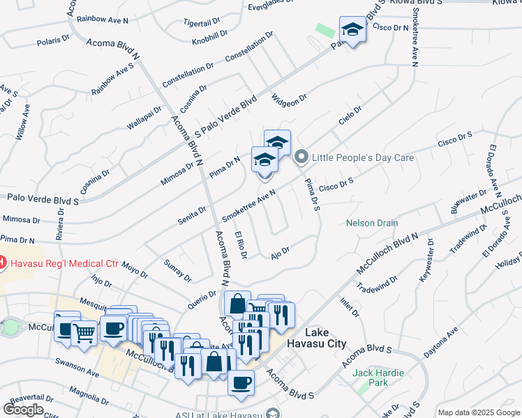 map of restaurants, bars, coffee shops, grocery stores, and more near 122 Mescal Loop in Lake Havasu City