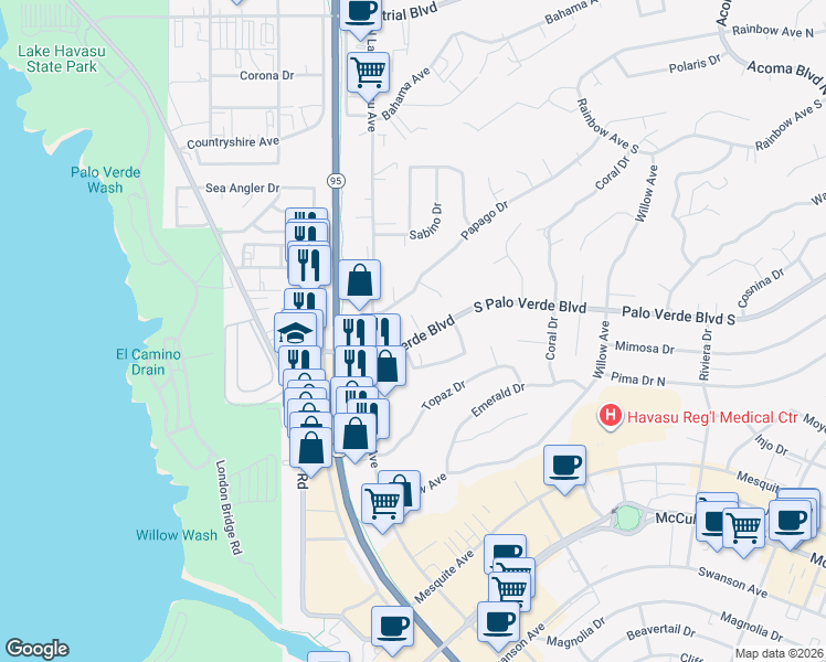 map of restaurants, bars, coffee shops, grocery stores, and more near 1649 Palo Verde Boulevard South in Lake Havasu City