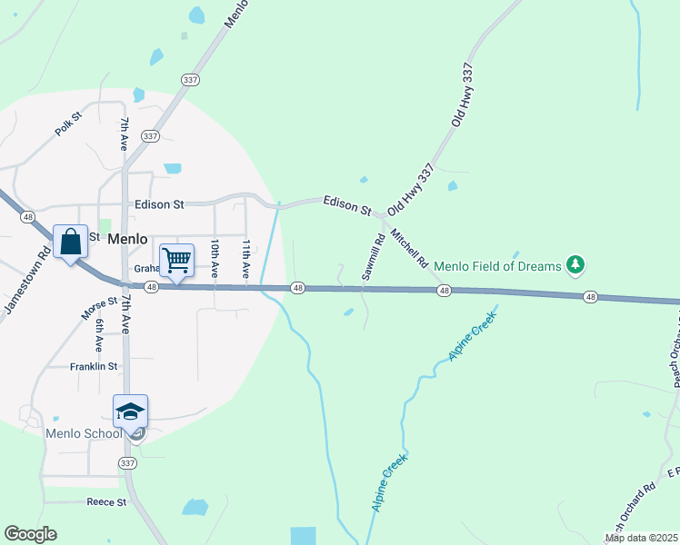 map of restaurants, bars, coffee shops, grocery stores, and more near 7360 Georgia 48 in Menlo