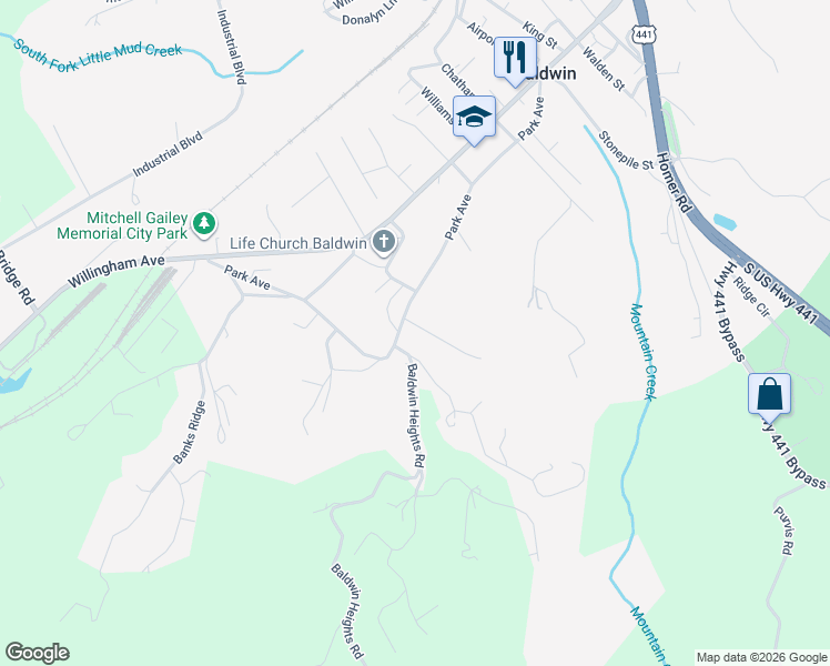 map of restaurants, bars, coffee shops, grocery stores, and more near 110 Ivory Drive in Baldwin