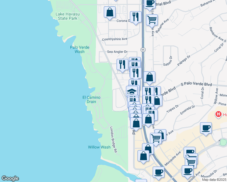 map of restaurants, bars, coffee shops, grocery stores, and more near 33 London Bridge Road in Lake Havasu City