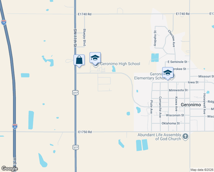 map of restaurants, bars, coffee shops, grocery stores, and more near 409 Bobwhite Road in Geronimo