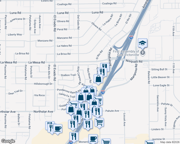 map of restaurants, bars, coffee shops, grocery stores, and more near 12813 Red River Road in Victorville
