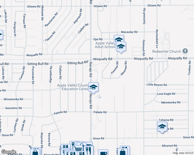 map of restaurants, bars, coffee shops, grocery stores, and more near 12725 Navajo Road in Apple Valley