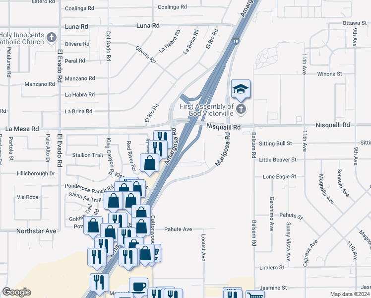 map of restaurants, bars, coffee shops, grocery stores, and more near 12775 Mariposa Road in Victorville