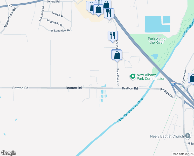 map of restaurants, bars, coffee shops, grocery stores, and more near 1119 Bratton Road in New Albany