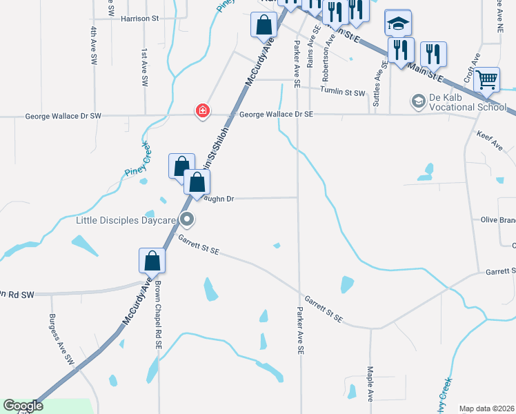 map of restaurants, bars, coffee shops, grocery stores, and more near 232 Vaughn Drive in Rainsville