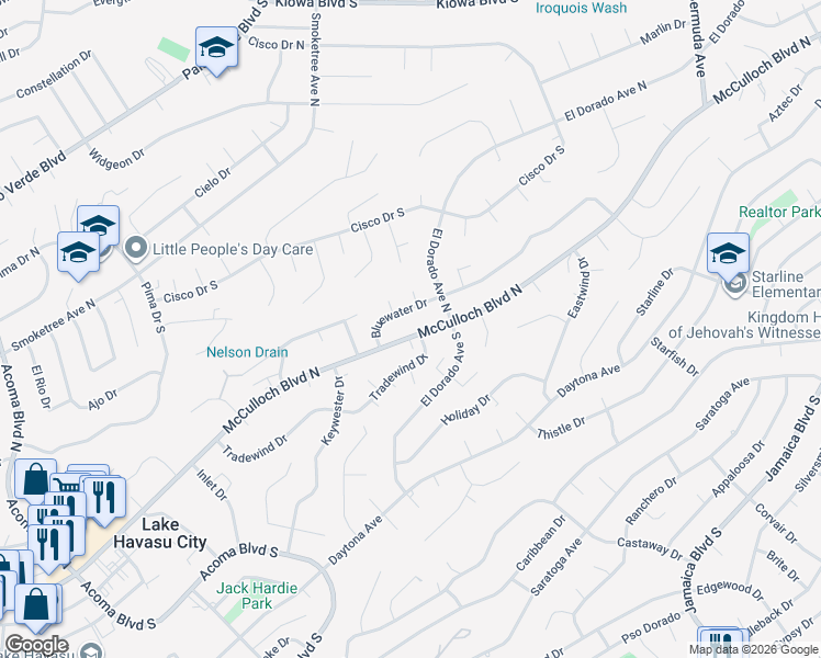 map of restaurants, bars, coffee shops, grocery stores, and more near 2721 McCulloch Boulevard North in Lake Havasu City