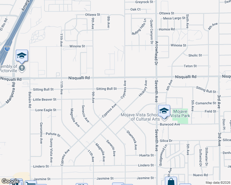 map of restaurants, bars, coffee shops, grocery stores, and more near 15839 Sitting Bull Street in Victorville