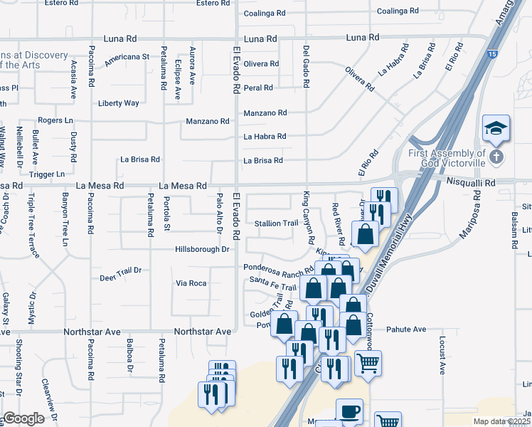 map of restaurants, bars, coffee shops, grocery stores, and more near 14583 Owens River Road in Victorville