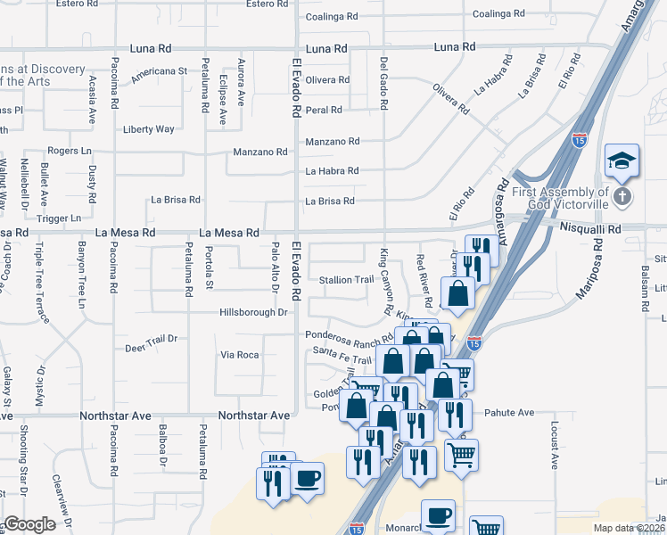 map of restaurants, bars, coffee shops, grocery stores, and more near 14583 Owens River Road in Victorville