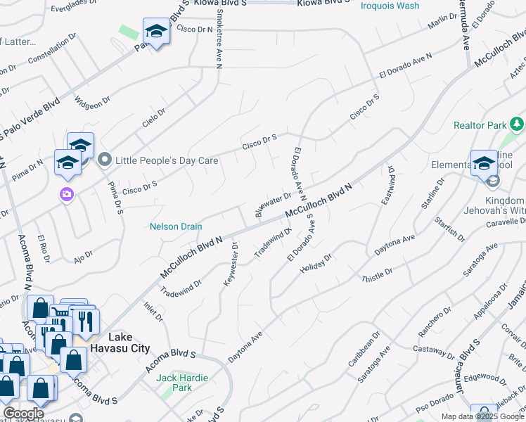 map of restaurants, bars, coffee shops, grocery stores, and more near 2680 Bluewater Drive in Lake Havasu City