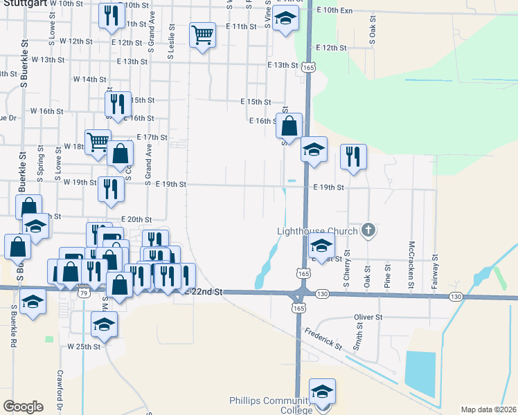 map of restaurants, bars, coffee shops, grocery stores, and more near 1916 South Vine Street in Stuttgart