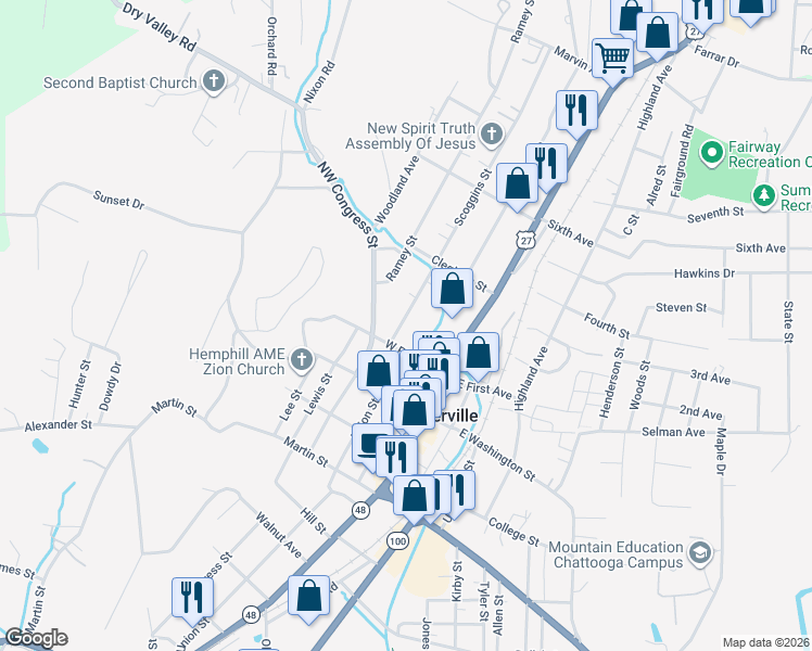 map of restaurants, bars, coffee shops, grocery stores, and more near 52 Scoggins Street in Summerville