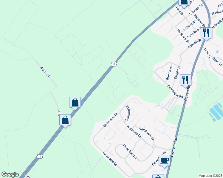 map of restaurants, bars, coffee shops, grocery stores, and more near 200 New Home Place in Holly Ridge