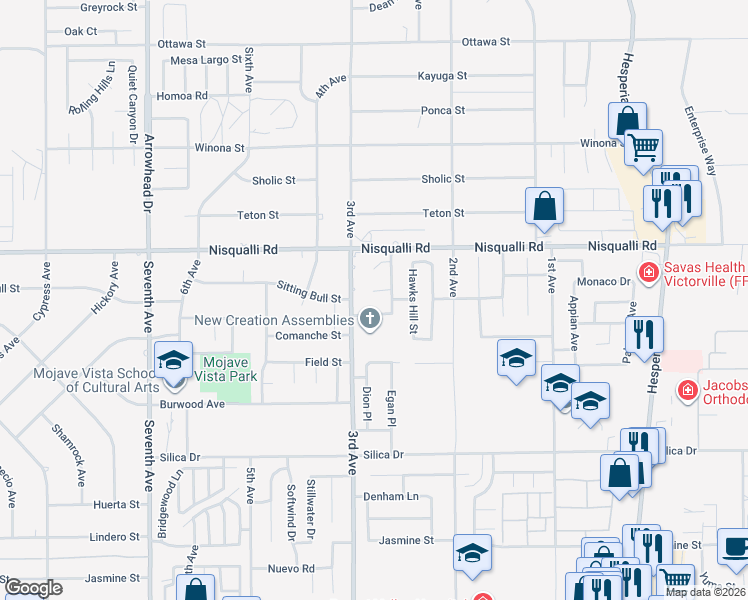 map of restaurants, bars, coffee shops, grocery stores, and more near 16543 San Juan Place in Victorville