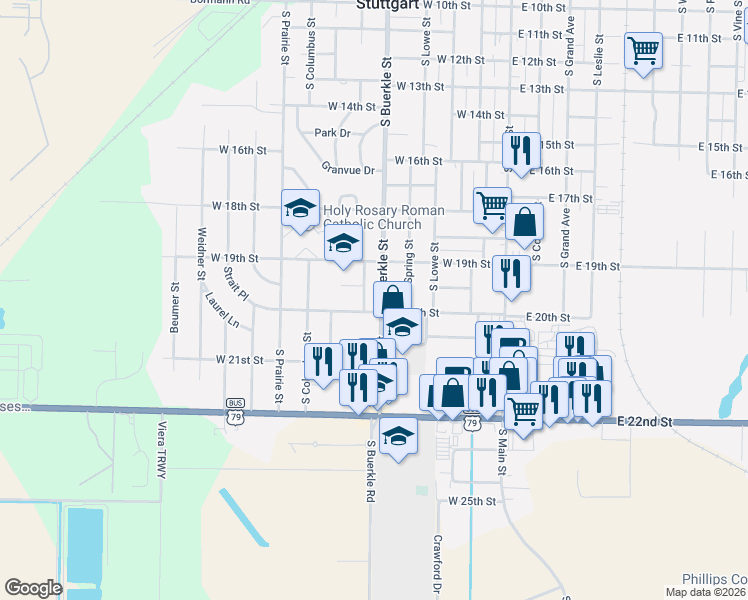 map of restaurants, bars, coffee shops, grocery stores, and more near 1920 South Buerkle Street in Stuttgart