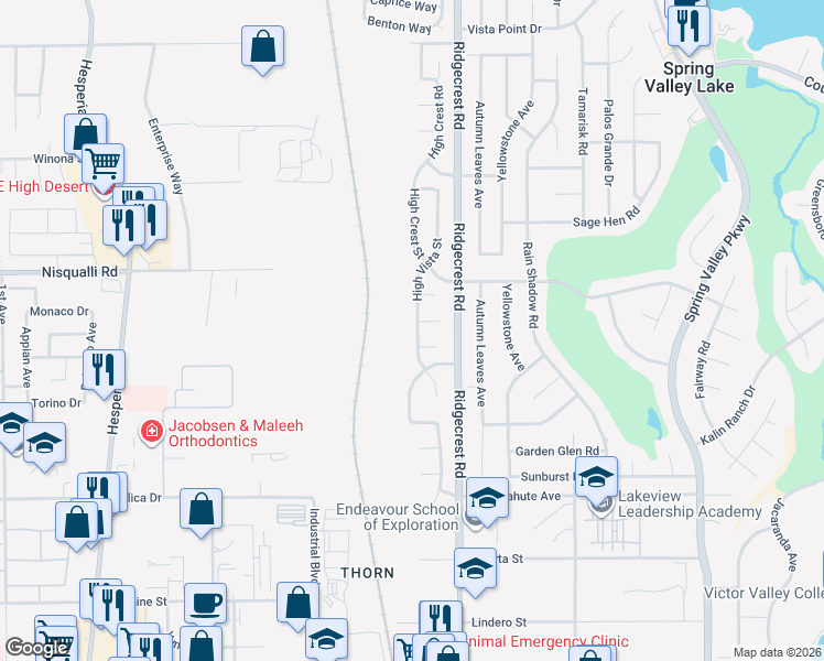 map of restaurants, bars, coffee shops, grocery stores, and more near 12798 High Vista Street in Victorville