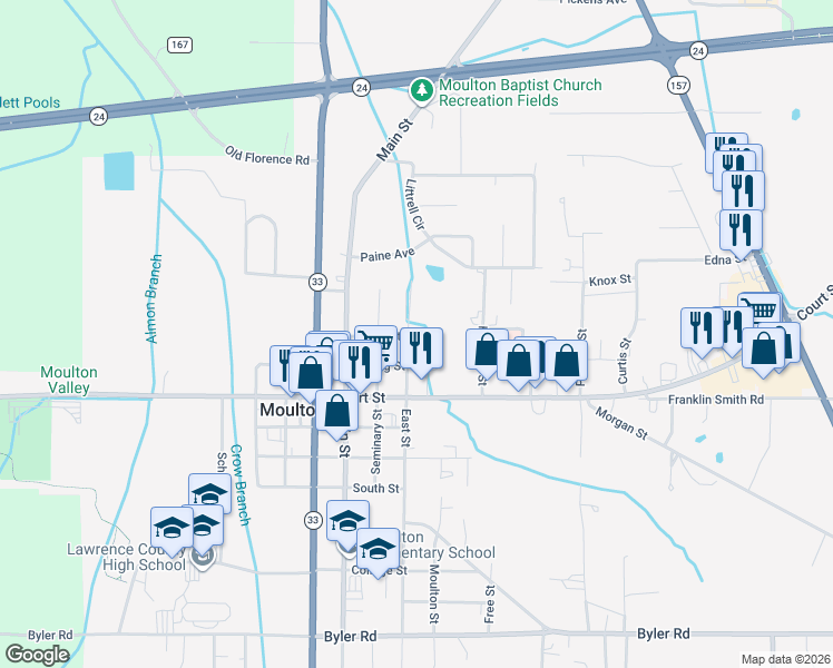 map of restaurants, bars, coffee shops, grocery stores, and more near 926 East Street in Moulton