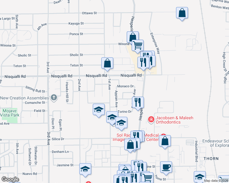 map of restaurants, bars, coffee shops, grocery stores, and more near 12793 Appian Avenue in Victorville