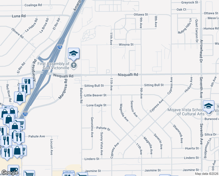 map of restaurants, bars, coffee shops, grocery stores, and more near Sitting Bull Street in Victorville